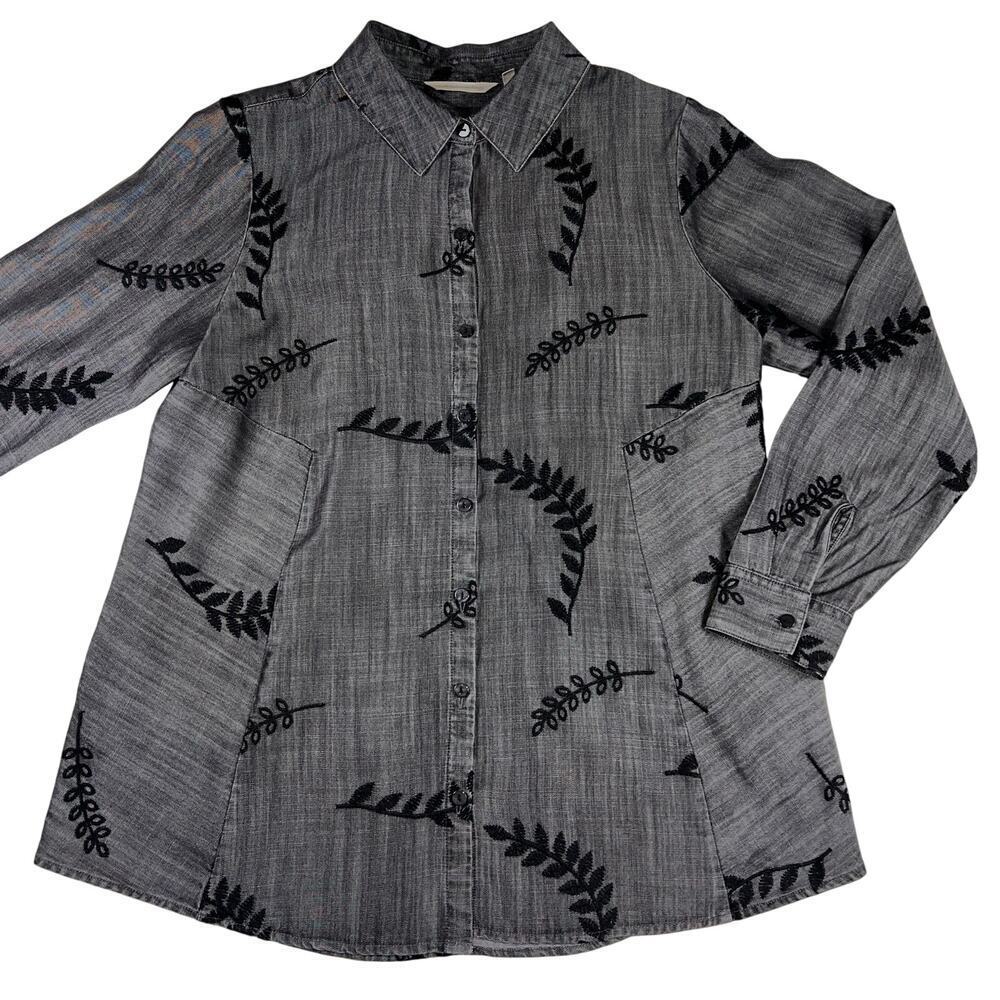 Soft Surroundings Charcoal Gray Embroidered Button Up Shirt Size Petite M